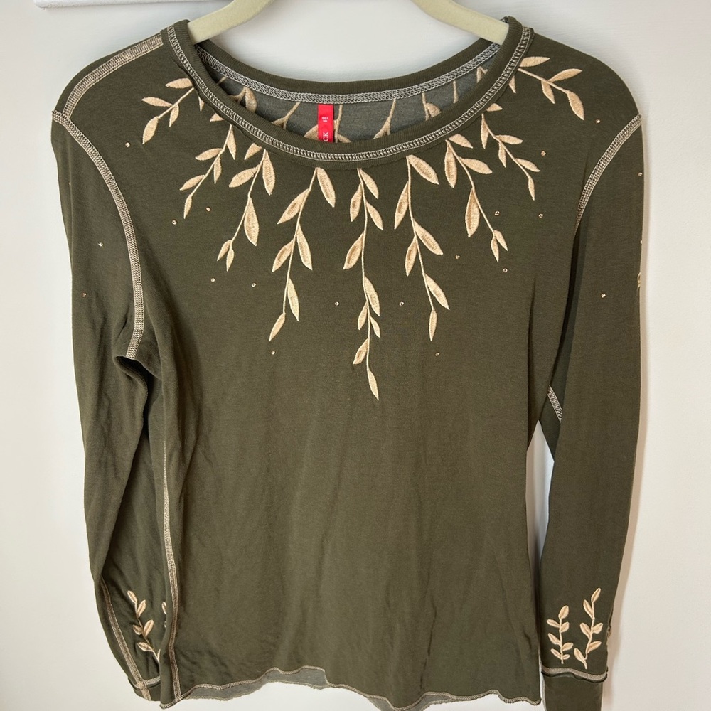 Alp N Rock Olive Green Long Sleeve Tee with Cream Leaf and Rhinestone Design